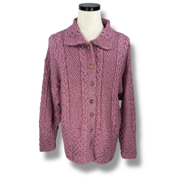Aran Sweater Market Cardigan Womens XL Purple Pink Merino Wool Cable Knit Irish - Picture 1 of 11